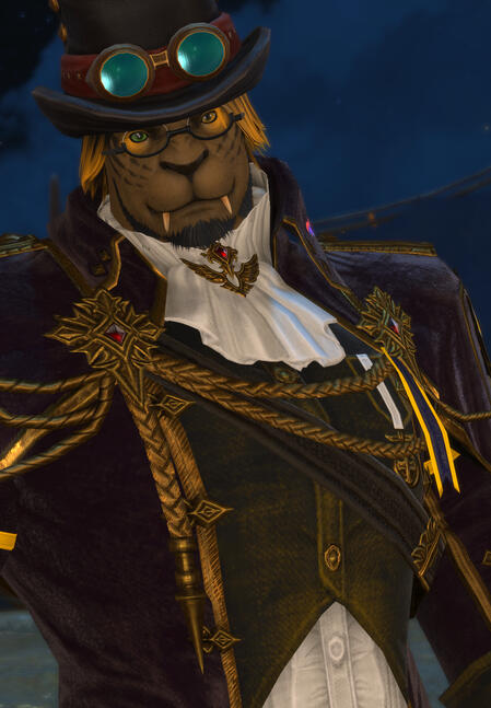 Valiant, a brown hrothgar with black and yellow hair smiles at you. He's wearing a sophisticated victorian like brown jacket, a dark green vest and a white shirt. A black top hat with googles and white cravat with a gold pin that rest on his neck complete