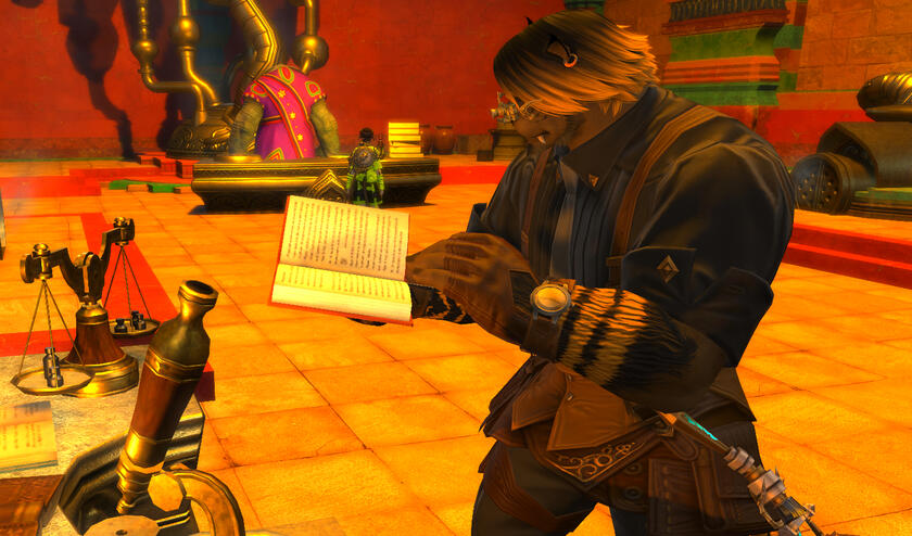 Valiant, a brown hrothgar with black and yellow hair smiles at you. He's wearing a black shirt with a gray tie and a brown vest with equally brown suspenders. His trousers match the black of his shirt and a pair of brown half gloves protect his hand. A com