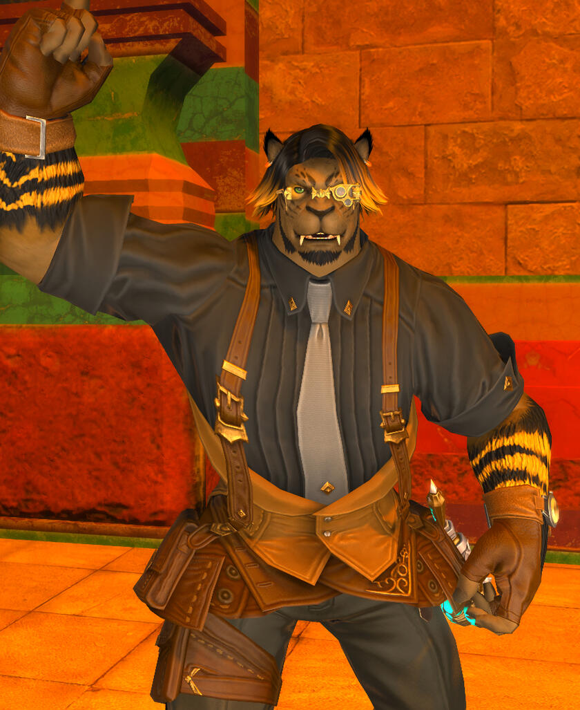 Valiant, a brown hrothgar with black and yellow hair smiles at you. He's wearing a black shirt with a gray tie and a brown vest with equally brown suspenders. His trousers match the black of his shirt and a pair of brown half gloves protect his hand. A com